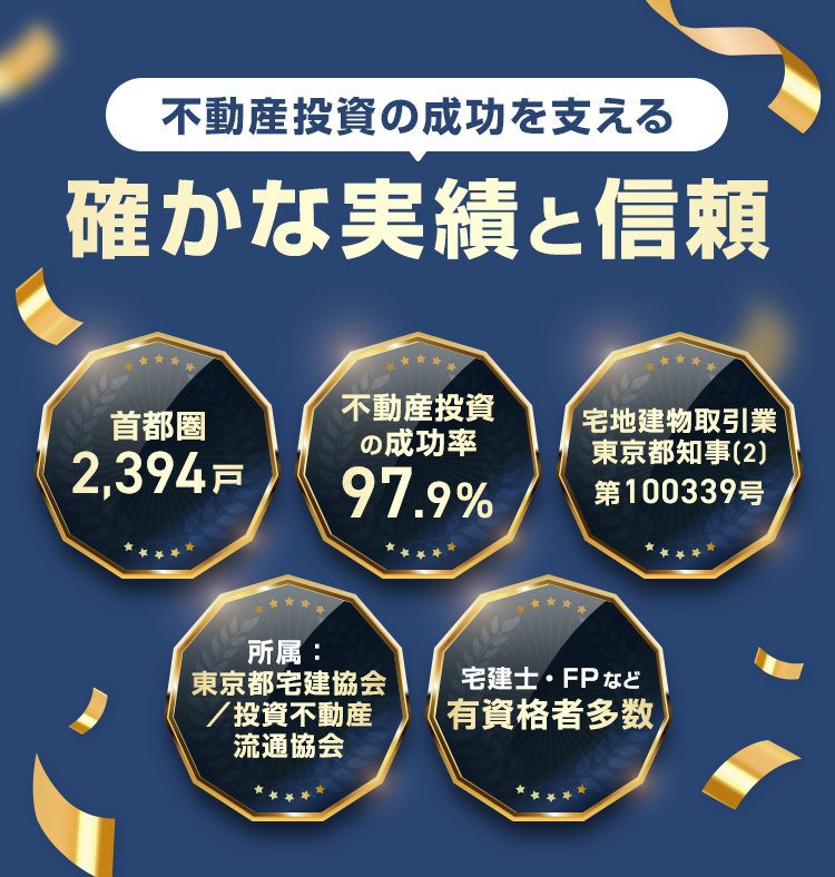 不動産投資の成功を支える確かな信頼と実績 ・首都圏2,394戸・不動産投資の成功率97.9%・宅地建物取引業 東京都知事(2)第100339号・所属：東京都宅建協会／投資不動産流通協会・宅建士・FPなど有資格者多数