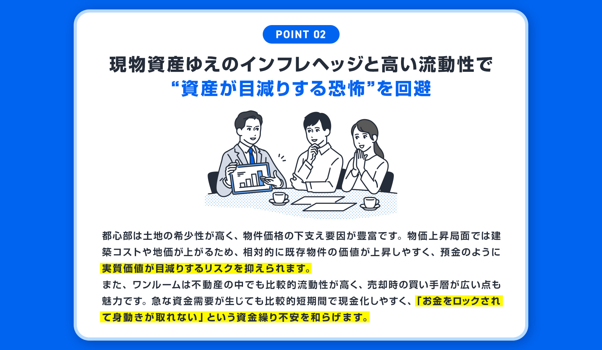 【POINT02：現物資産ゆえのインフレヘッジと高い流動性で“資産が目減りする恐怖”を回避】都心部は土地の希少性が高く、物件価格の下支え要因が豊富です。物価上昇局面では建築コストや地価が上がるため、相対的に既存物件の価値が上昇しやすく、預金のように実質価値が目減りするリスクを抑えられます。また、ワンルームは不動産の中でも比較的流動性が高く、売却時の買い手層が広い点も魅力です。急な資金需要が生じても比較的短期間で現金化しやすく、「お金をロックされて身動きが取れない」という資金繰り不安を和らげます。