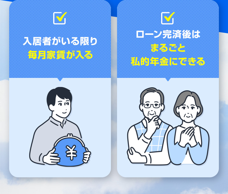 ・入居者がいる限り毎月家賃が入る　・ローン完済後はまるごと私的年金にできる